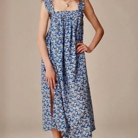 J. Crew Dresses & Skirts - J.Crew Cotton Voile Ruffle Trim Shift Dress Midi in Cobalt Floral - XS